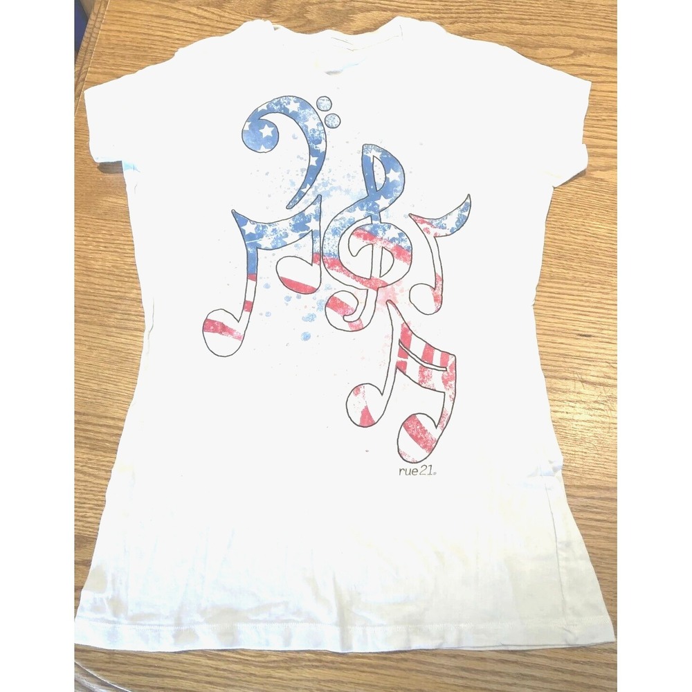 L MUSIC NOTES White Stars & Stripes Top Band Symbol Fitted T Shirt Graphic Tee